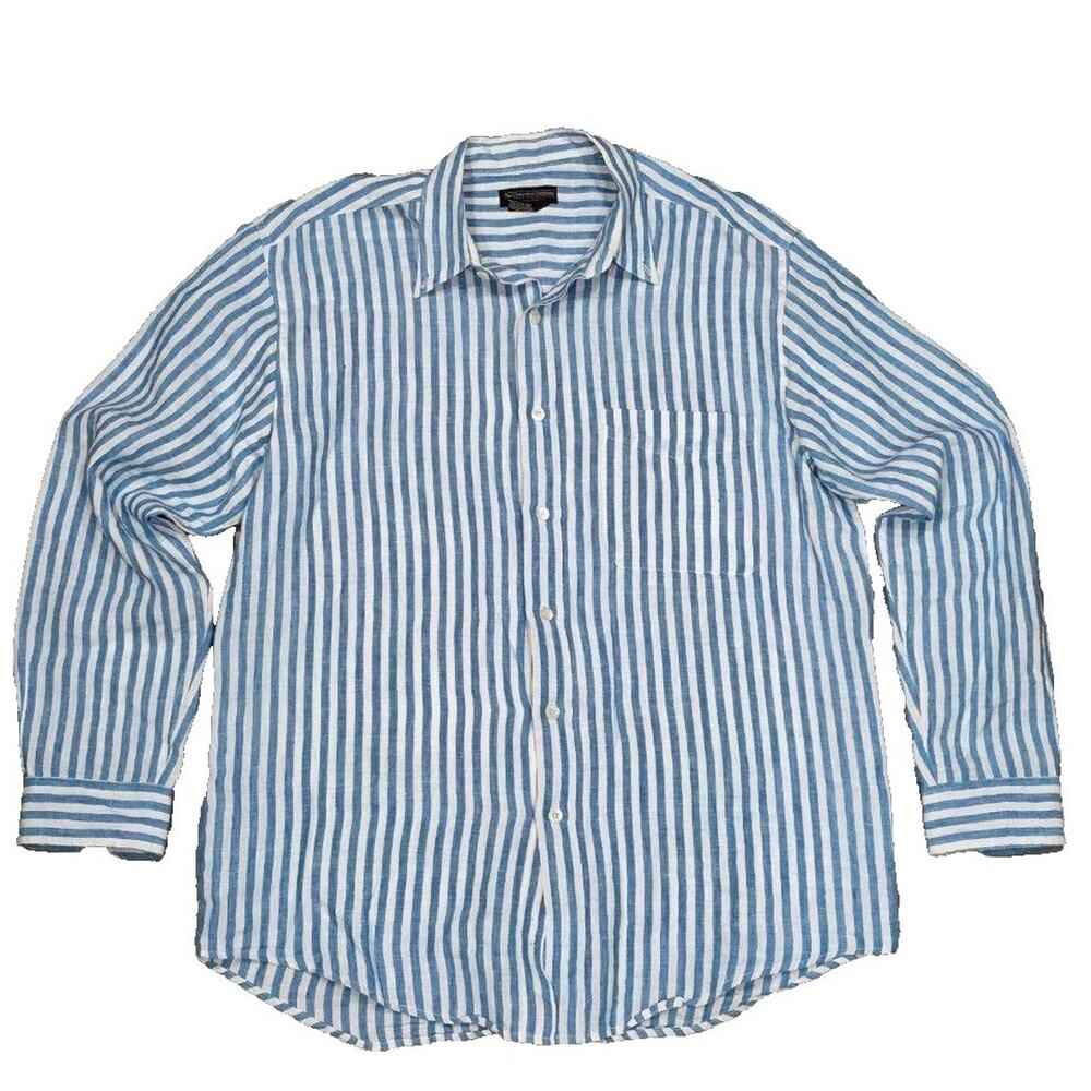 J. Peterman 100% Linen Shirt Men's Blue /White Stripe Medium A003356